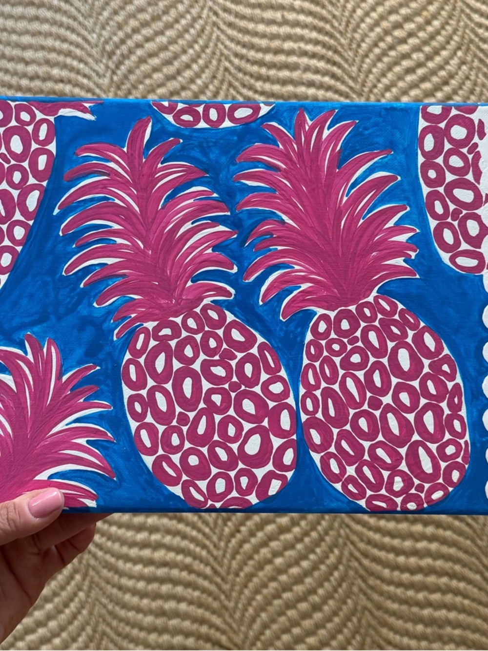 Pink Pineapple Canvas Wall Art – Vibrant Pink and Blue Hand Painted Watercolor